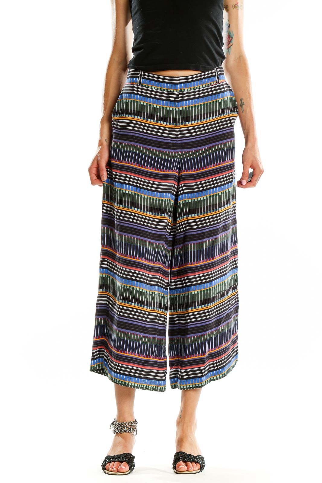 Front view of LOFT multicolor striped wide-leg cropped pants