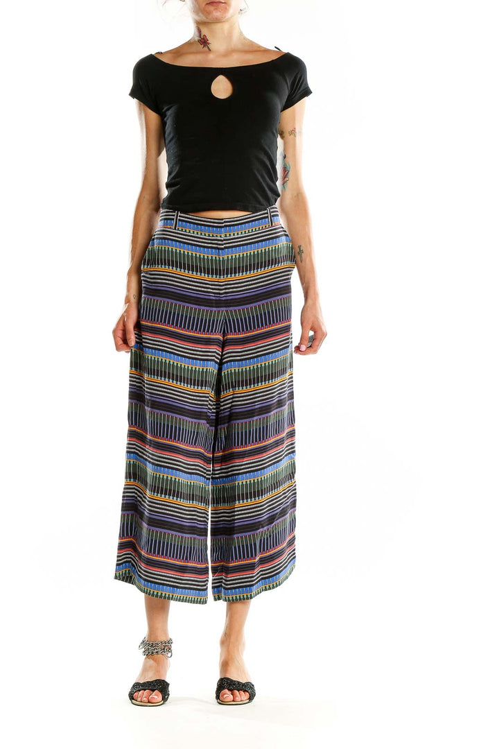 Front view of LOFT multicolor striped wide-leg cropped pants