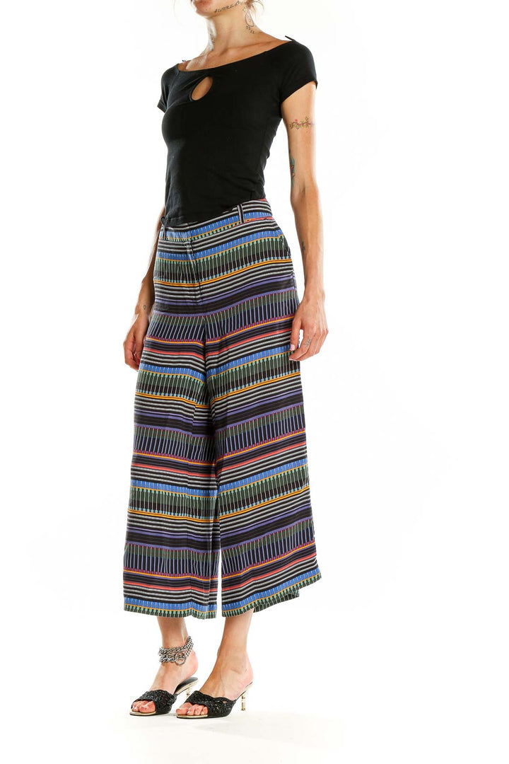 Front view of LOFT multicolor striped wide-leg cropped pants