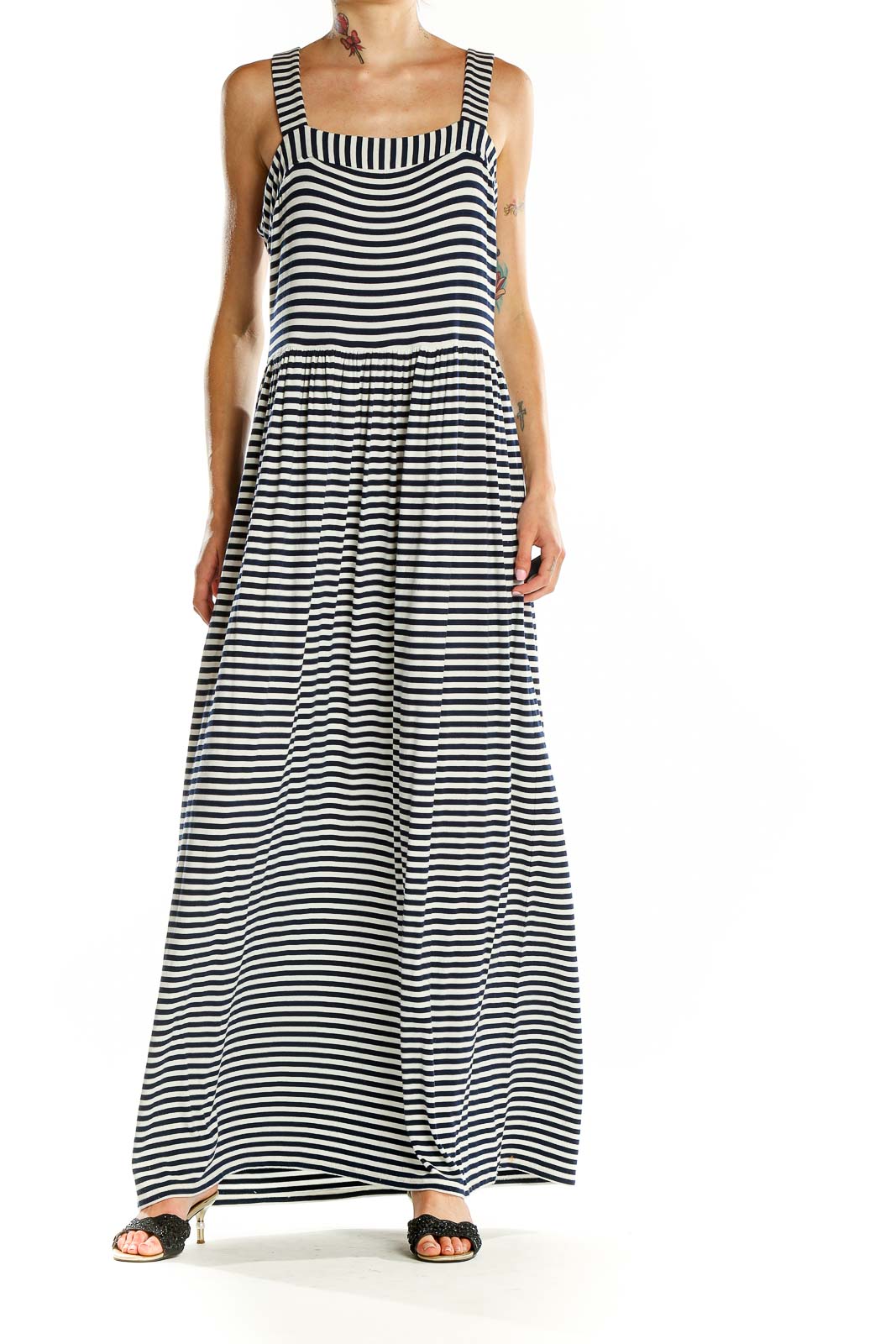 White Black Square Neck Striped Maxi Dress