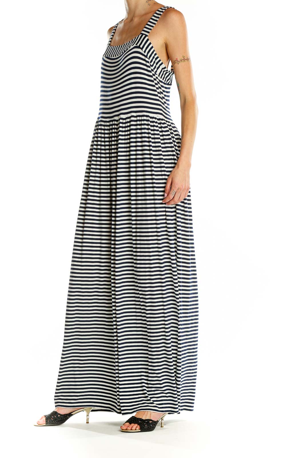 White Black Square Neck Striped Maxi Dress