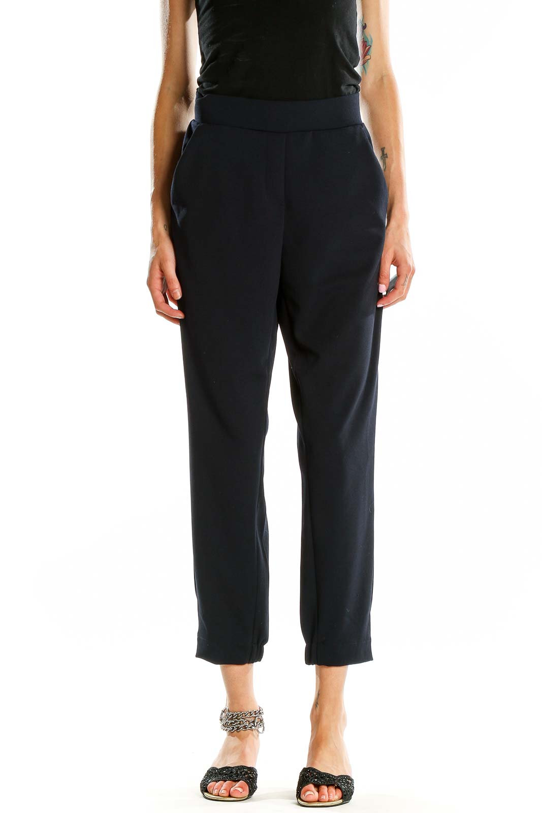 Front view of LOFT navy cropped pants with high waist