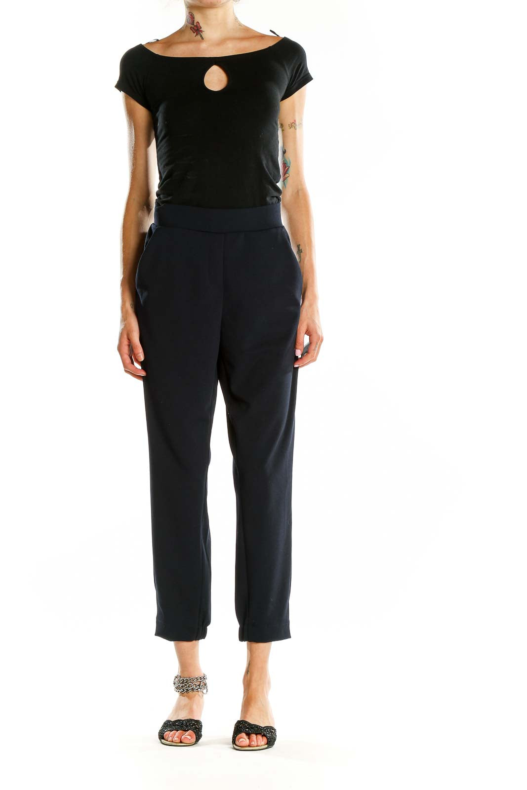 Front view of LOFT navy cropped pants with high waist