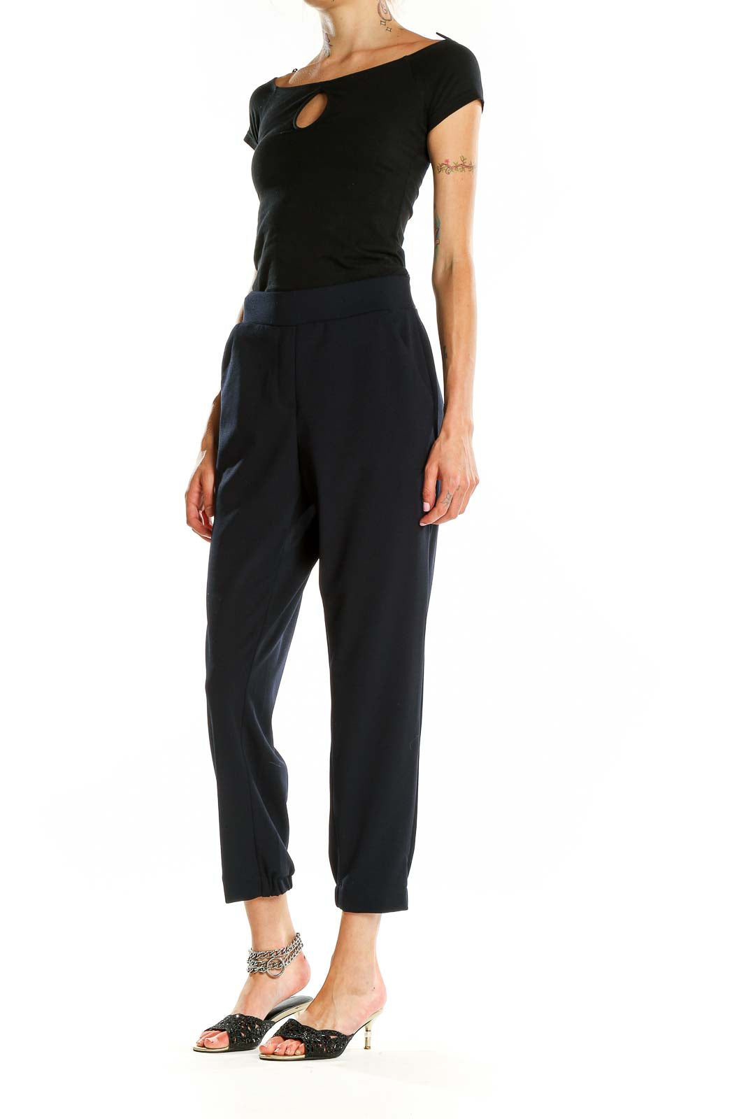 Front view of LOFT navy cropped pants with high waist