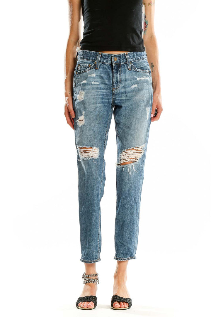 Front view of Adriano Goldschmied blue distressed boyfriend jeans with ripped knees