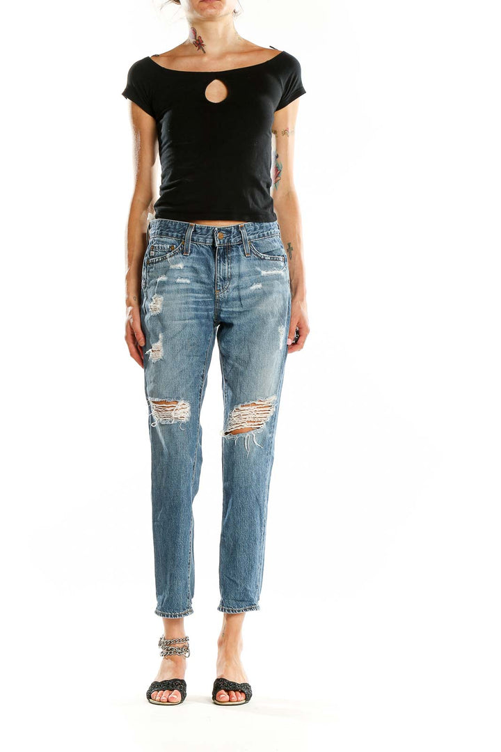 Front view of Adriano Goldschmied blue distressed boyfriend jeans with ripped knees