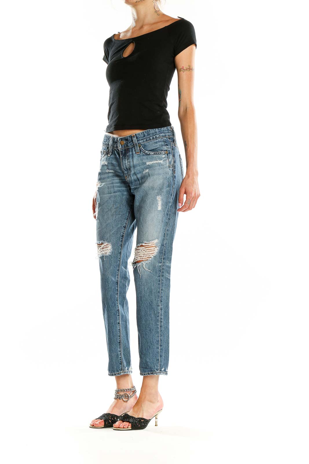 Front view of Adriano Goldschmied blue distressed boyfriend jeans with ripped knees