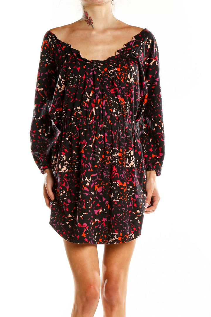 Front view of Marc By Marc Jacobs Black Floral Print Off-Shoulder Mini Dress