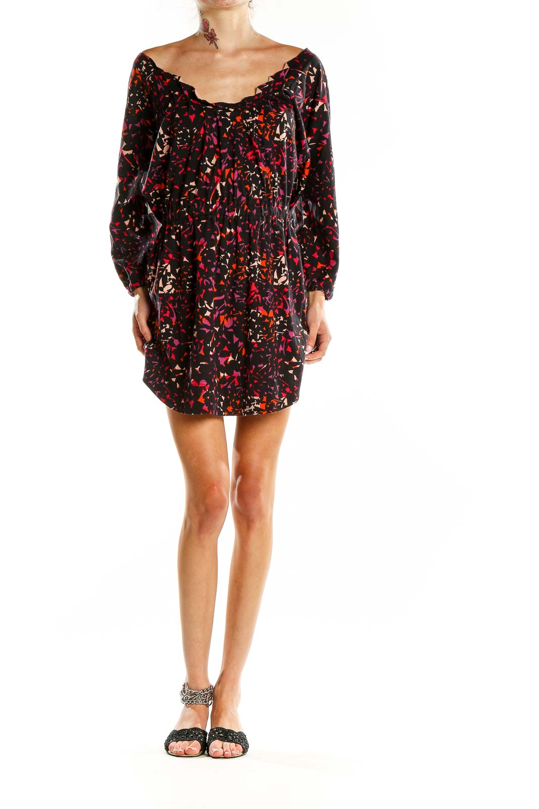 Front view of Marc By Marc Jacobs Black Floral Print Off-Shoulder Mini Dress