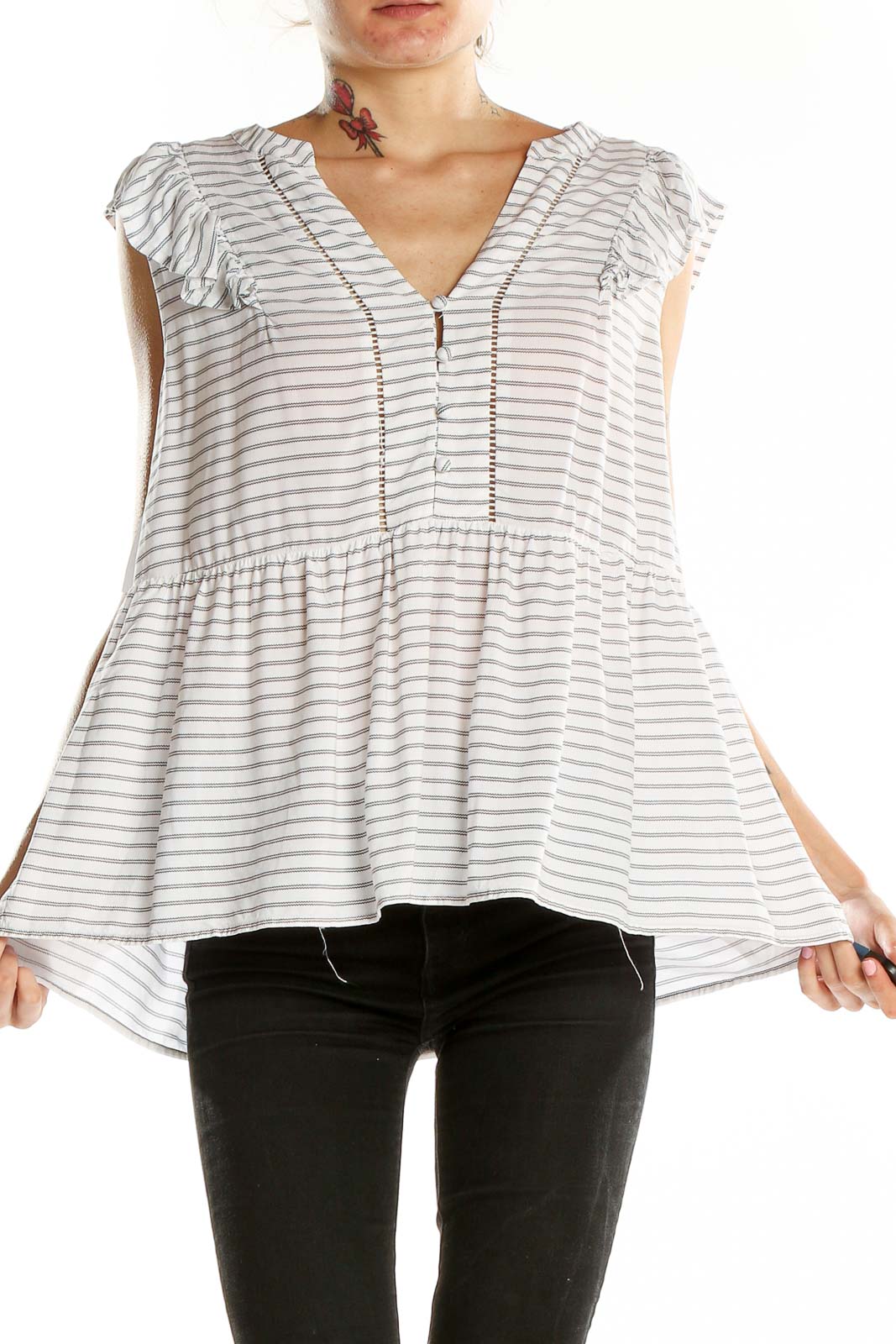 Front view of LOFT white striped peplum top with ruffled sleeves