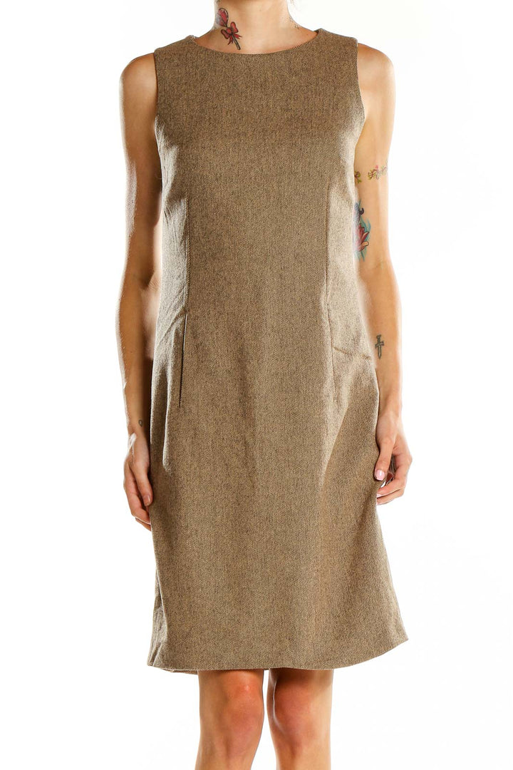 Front view of Faconnable brown wool blend sleeveless shift dress