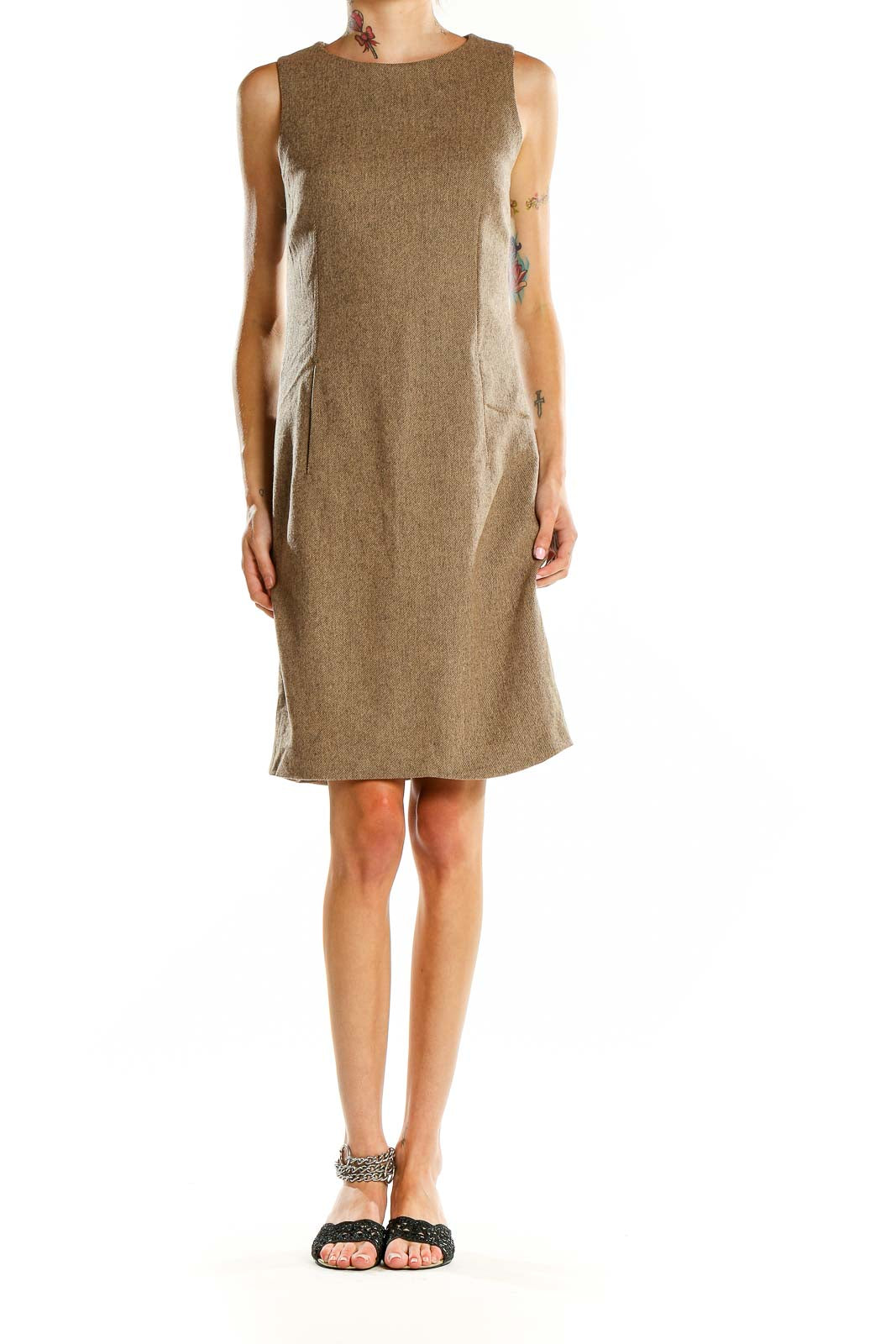 Front view of Faconnable brown wool blend sleeveless shift dress