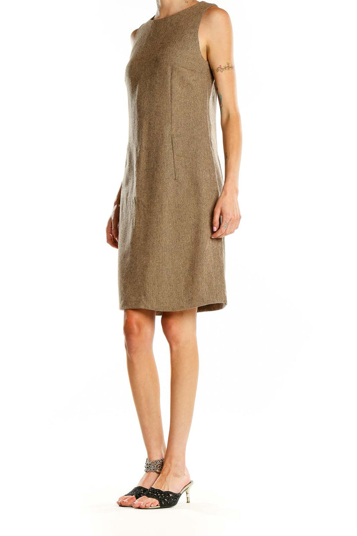 Front view of Faconnable brown wool blend sleeveless shift dress