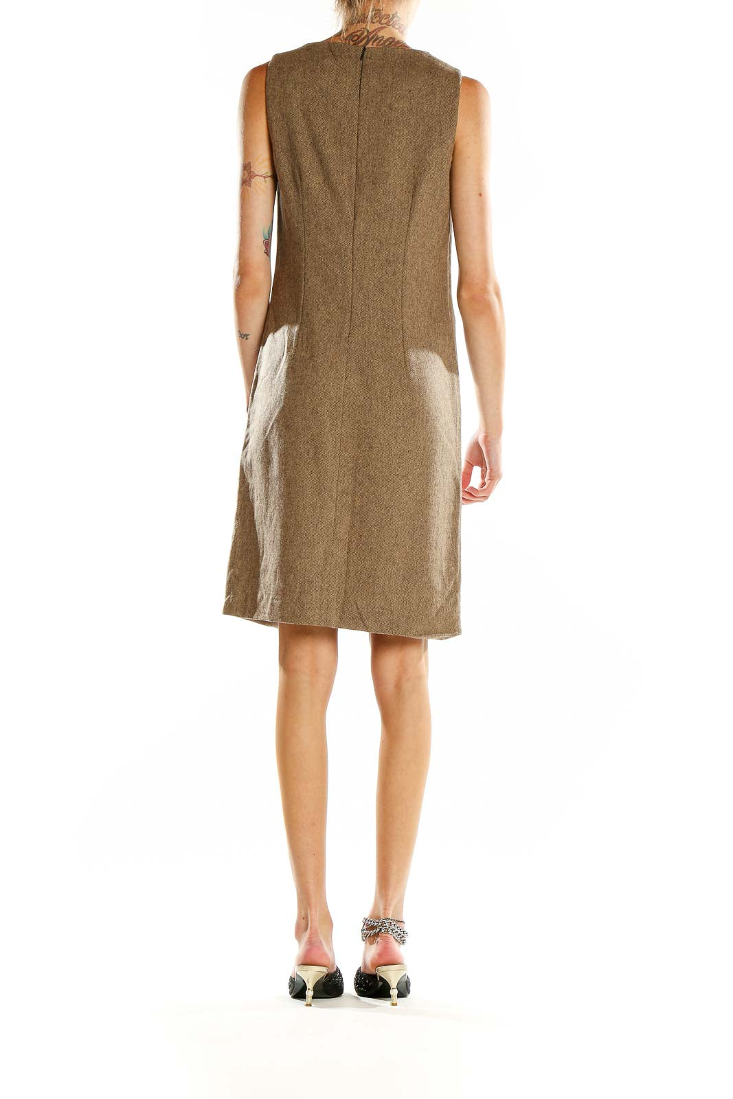 Back view of Faconnable brown wool blend sleeveless shift dress