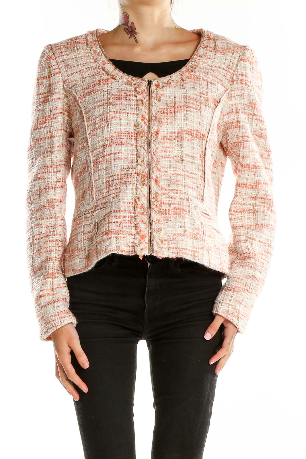 Front view of Cynthia Rowley peach tweed cropped jacket with zip-up closure