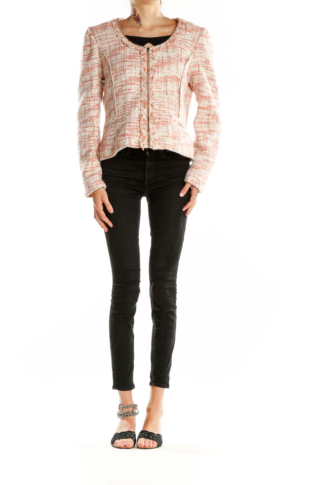 Front view of Cynthia Rowley peach tweed cropped jacket with zip-up closure