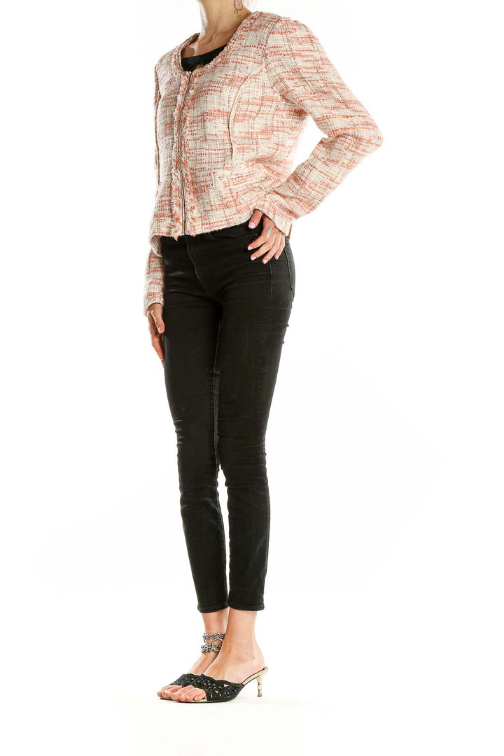 Front view of Cynthia Rowley peach tweed cropped jacket with zip-up closure