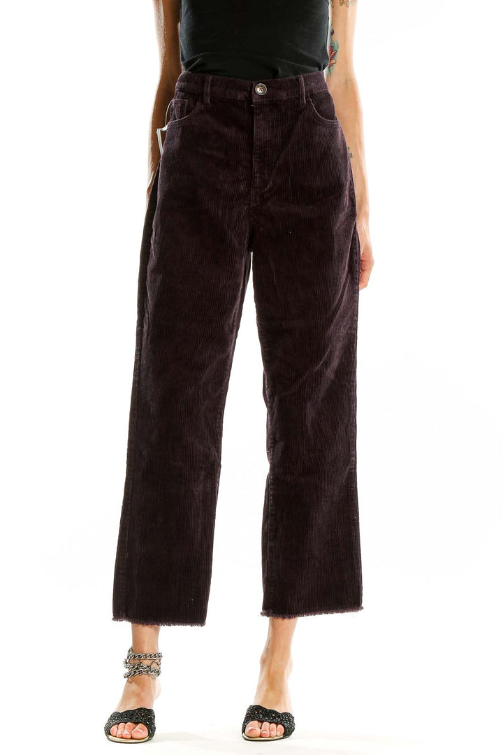 Front view of LOFT dark brown corduroy wide-leg cropped pants