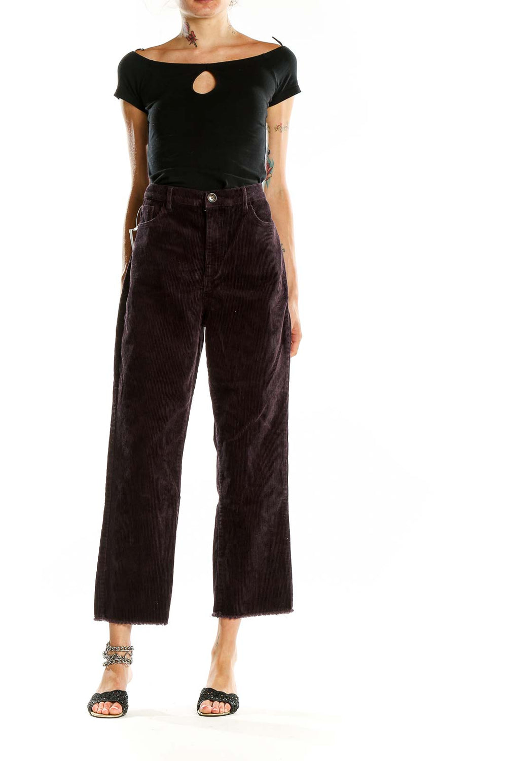 Front view of LOFT dark brown corduroy wide-leg cropped pants