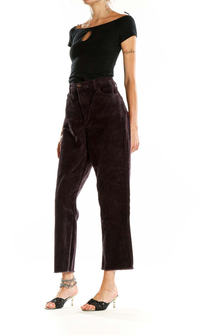 Front view of LOFT dark brown corduroy wide-leg cropped pants