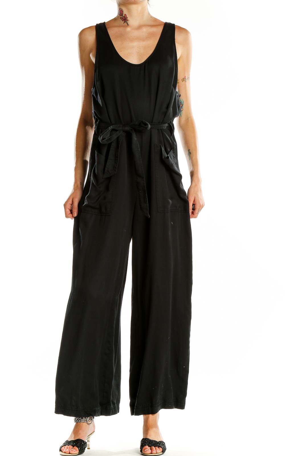 Front view of Lou & Grey black Lyocell wide-leg jumpsuit with tie waist