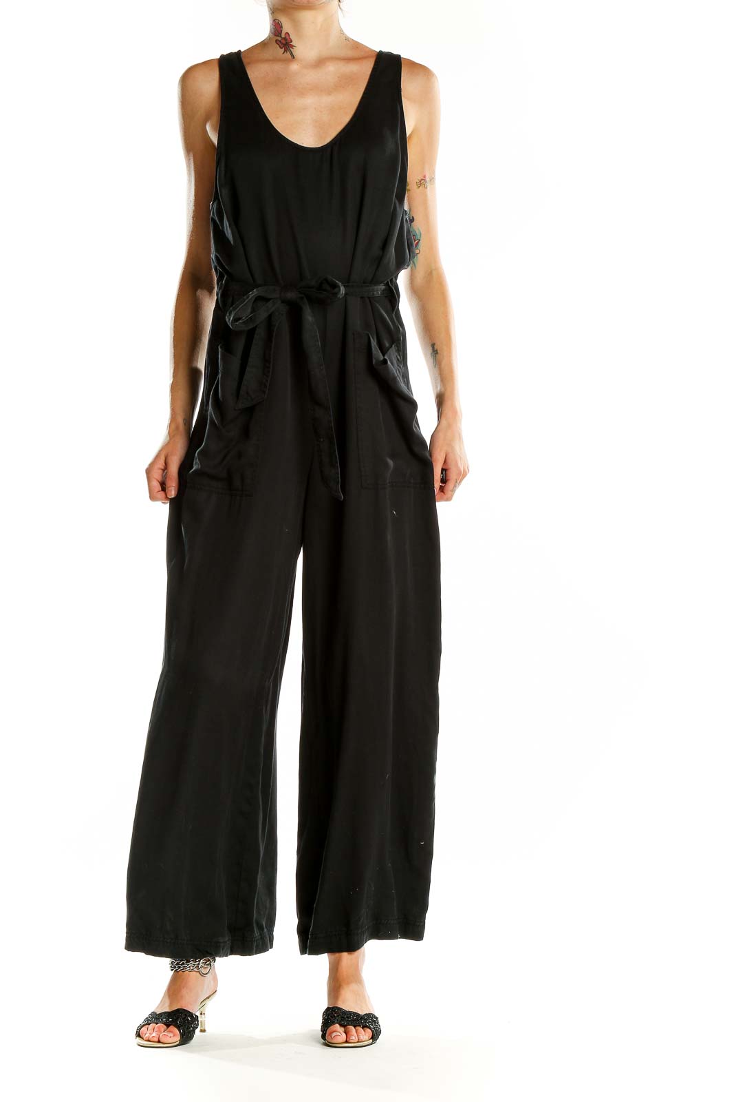 Front view of Lou & Grey black Lyocell wide-leg jumpsuit with tie waist