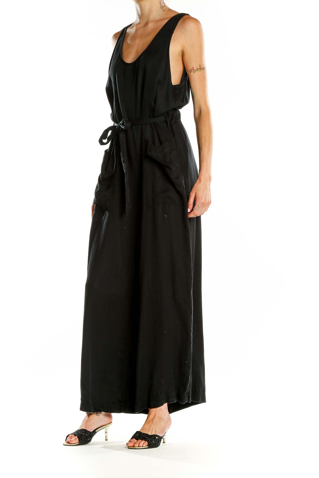 Front view of Lou & Grey black Lyocell wide-leg jumpsuit with tie waist