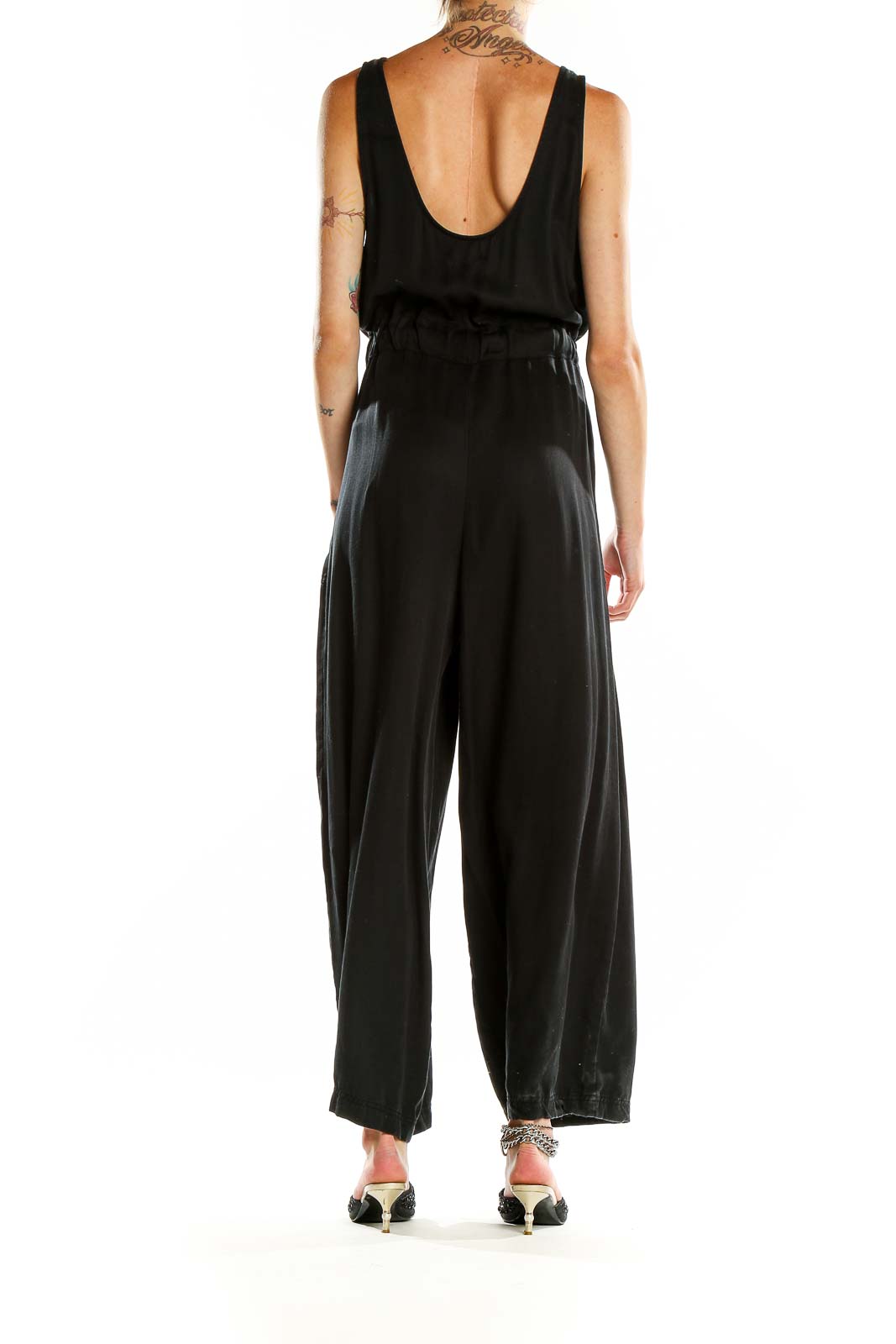 Back view of Lou & Grey black Lyocell wide-leg jumpsuit showing scoop back