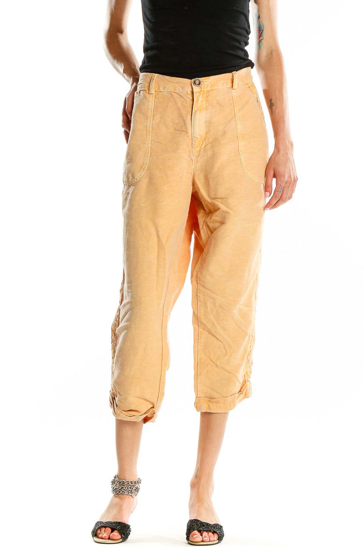 Front view of peach Coldwater Creek cotton-linen capri pants