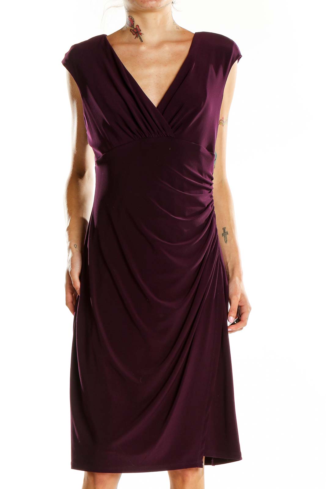 Front view of plum wrap-style cocktail dress by Lauren Ralph Lauren