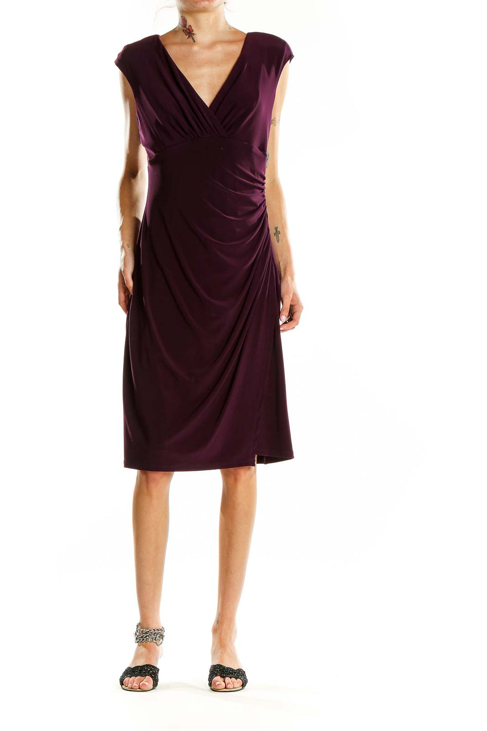 Front view of plum wrap-style cocktail dress by Lauren Ralph Lauren