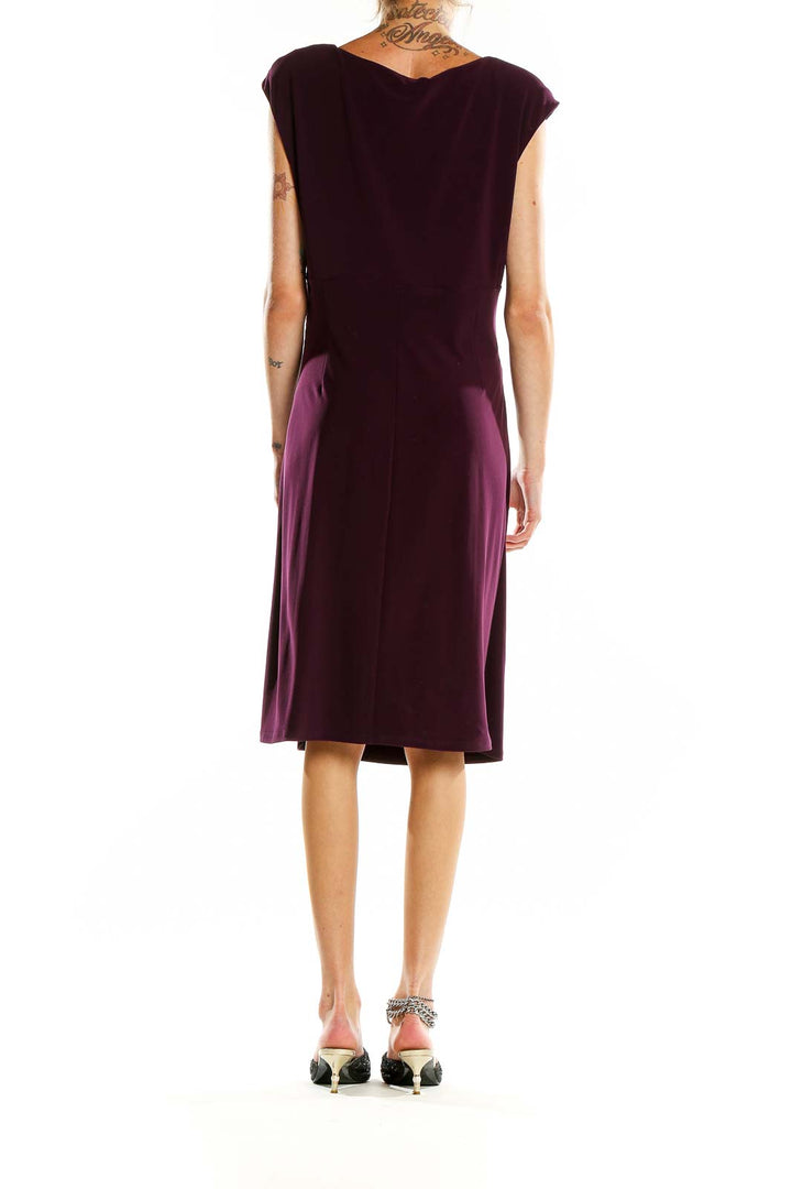 Back view of plum wrap-style cocktail dress by Lauren Ralph Lauren