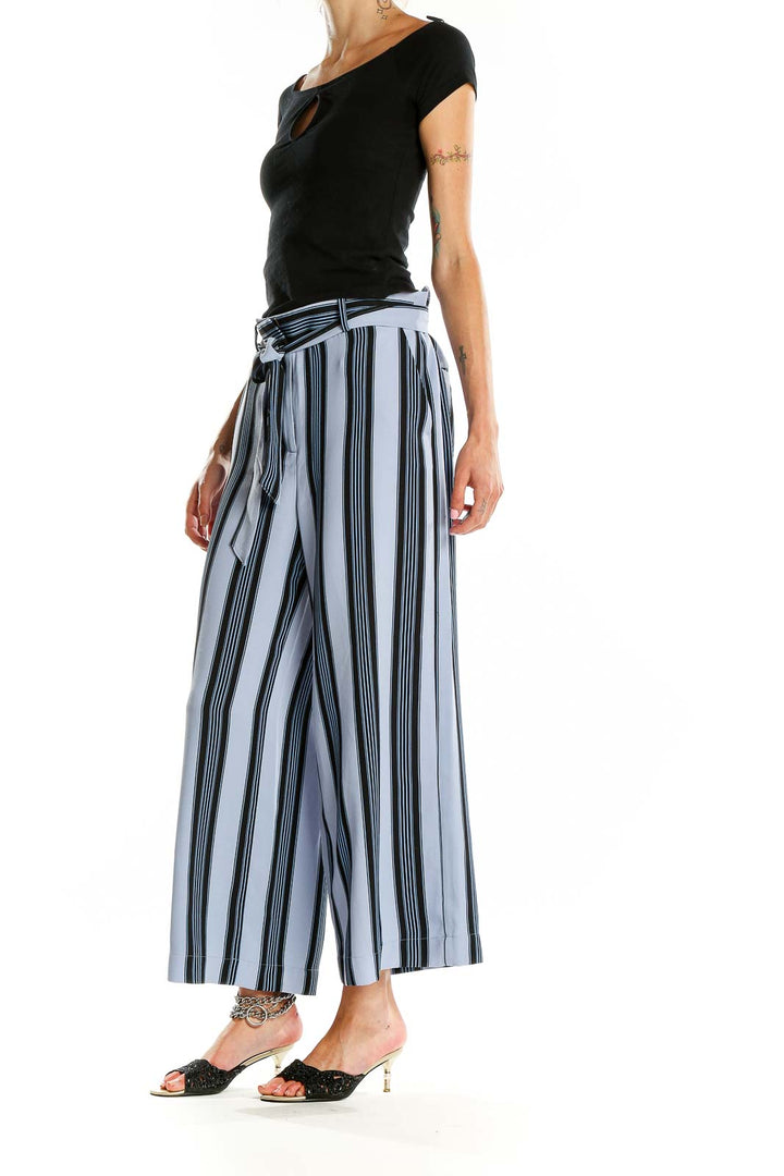 Front view of Ann Taylor LOFT blue striped wide-leg trousers with paper bag waist and self-tie belt