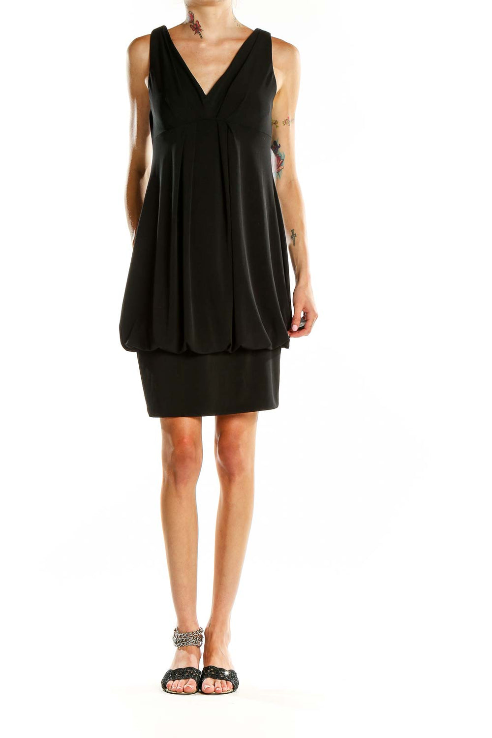 Front view of Eliza J black cocktail dress with V-neck and bubble hem