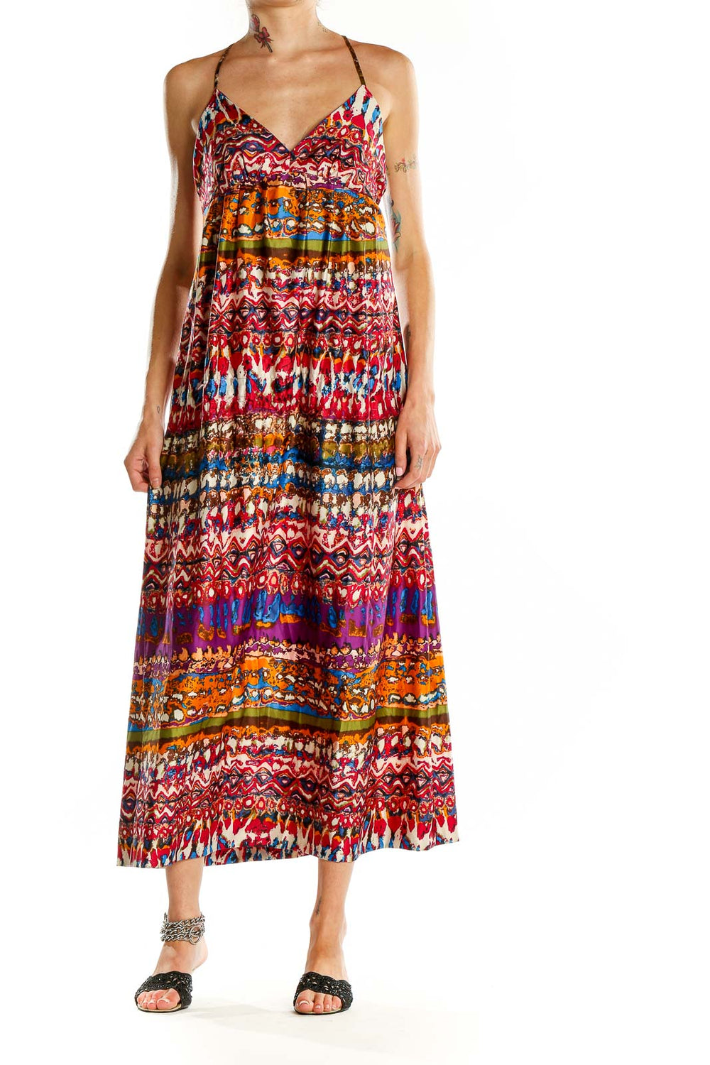 Front view of ECI multicolor bohemian maxi dress with vibrant patterns