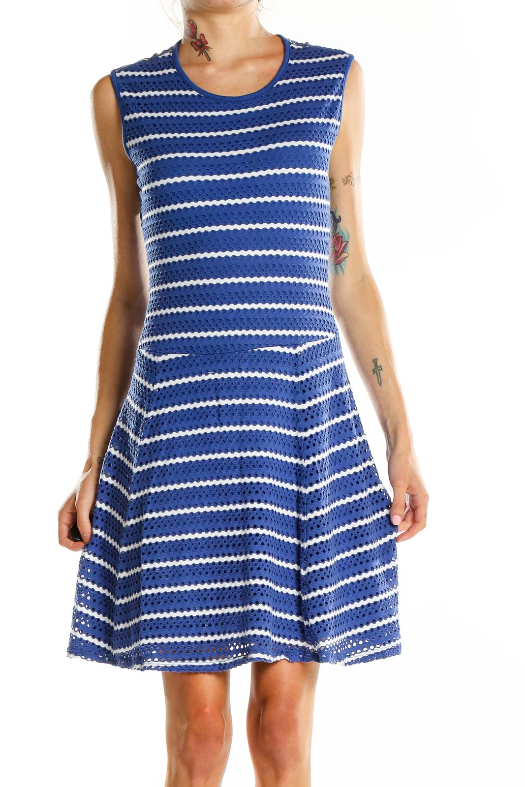 Front view of Cache blue and white striped sleeveless knit dress with fit-and-flare silhouette