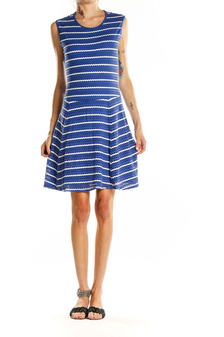 Front view of Cache blue and white striped sleeveless knit dress with fit-and-flare silhouette