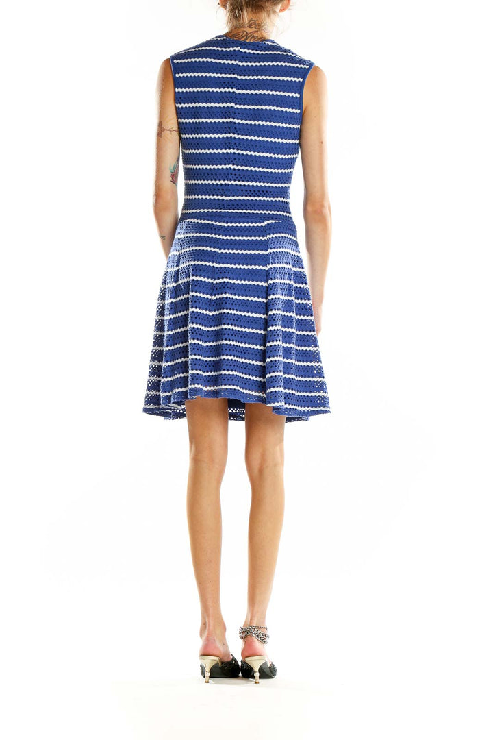 Back view of Cache blue and white striped sleeveless knit dress showing flared skirt