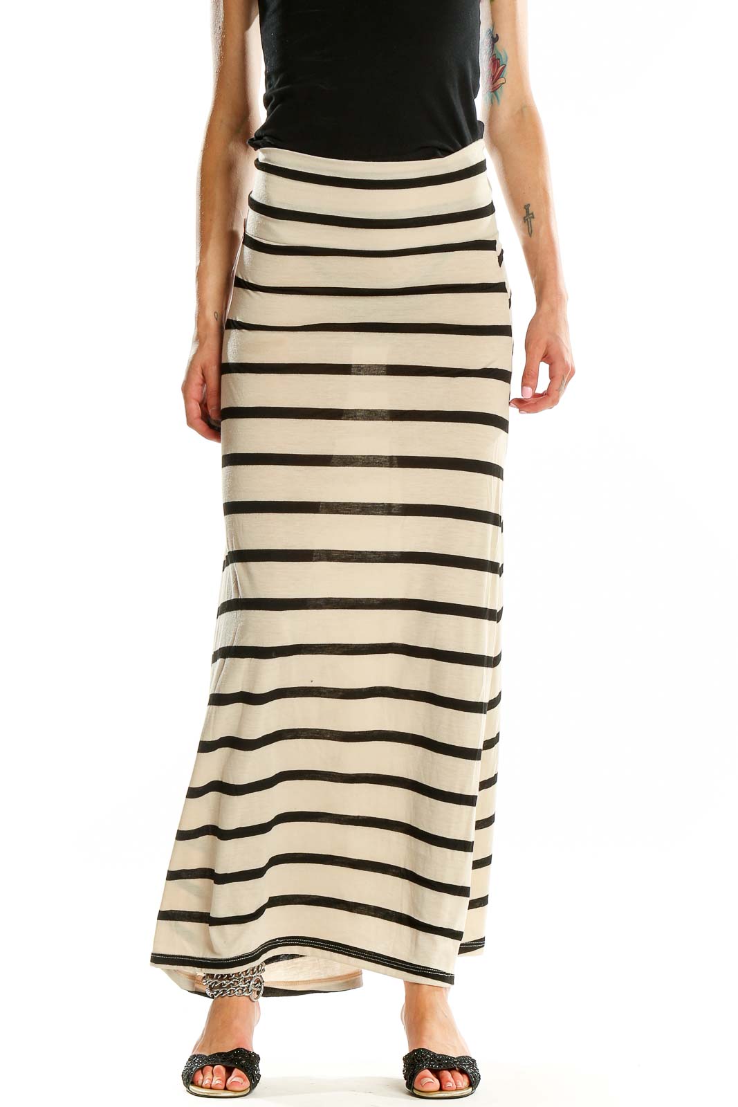 Front view of American Rag Cie cream and black striped maxi skirt