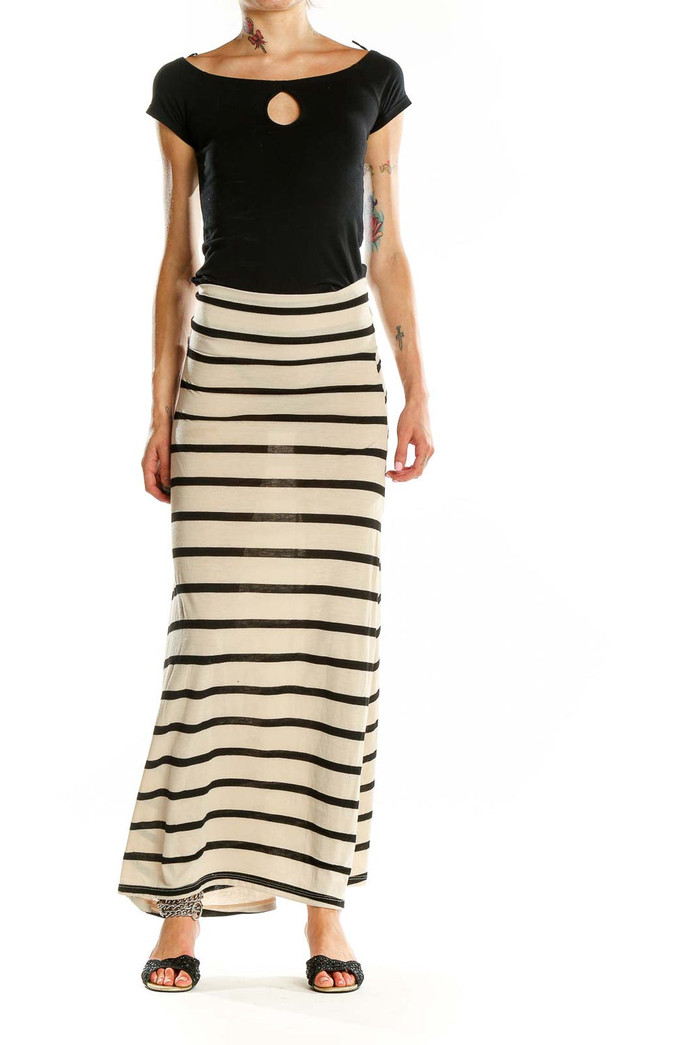 Front view of American Rag Cie cream and black striped maxi skirt