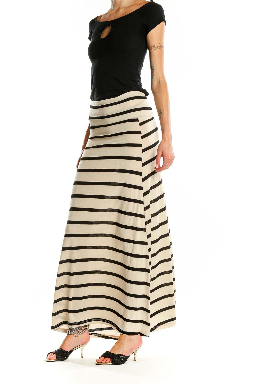 Front view of American Rag Cie cream and black striped maxi skirt