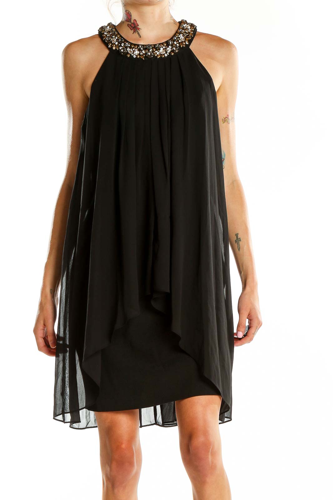 Front view of Vince Camuto black chiffon cocktail dress with beaded halter neckline