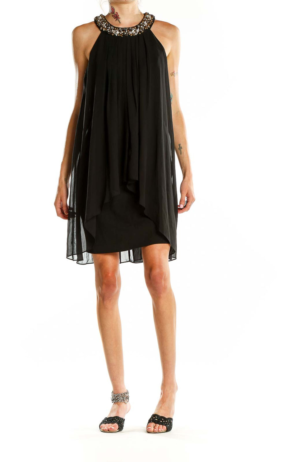 Front view of Vince Camuto black chiffon cocktail dress with beaded halter neckline