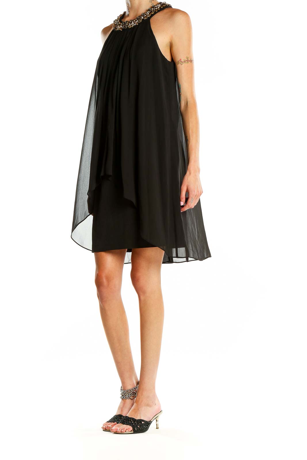 Front view of Vince Camuto black chiffon cocktail dress with beaded halter neckline