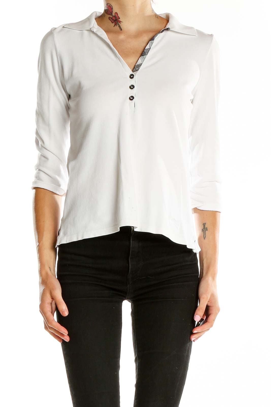 Front view of white Burberry polo shirt with three-quarter sleeves