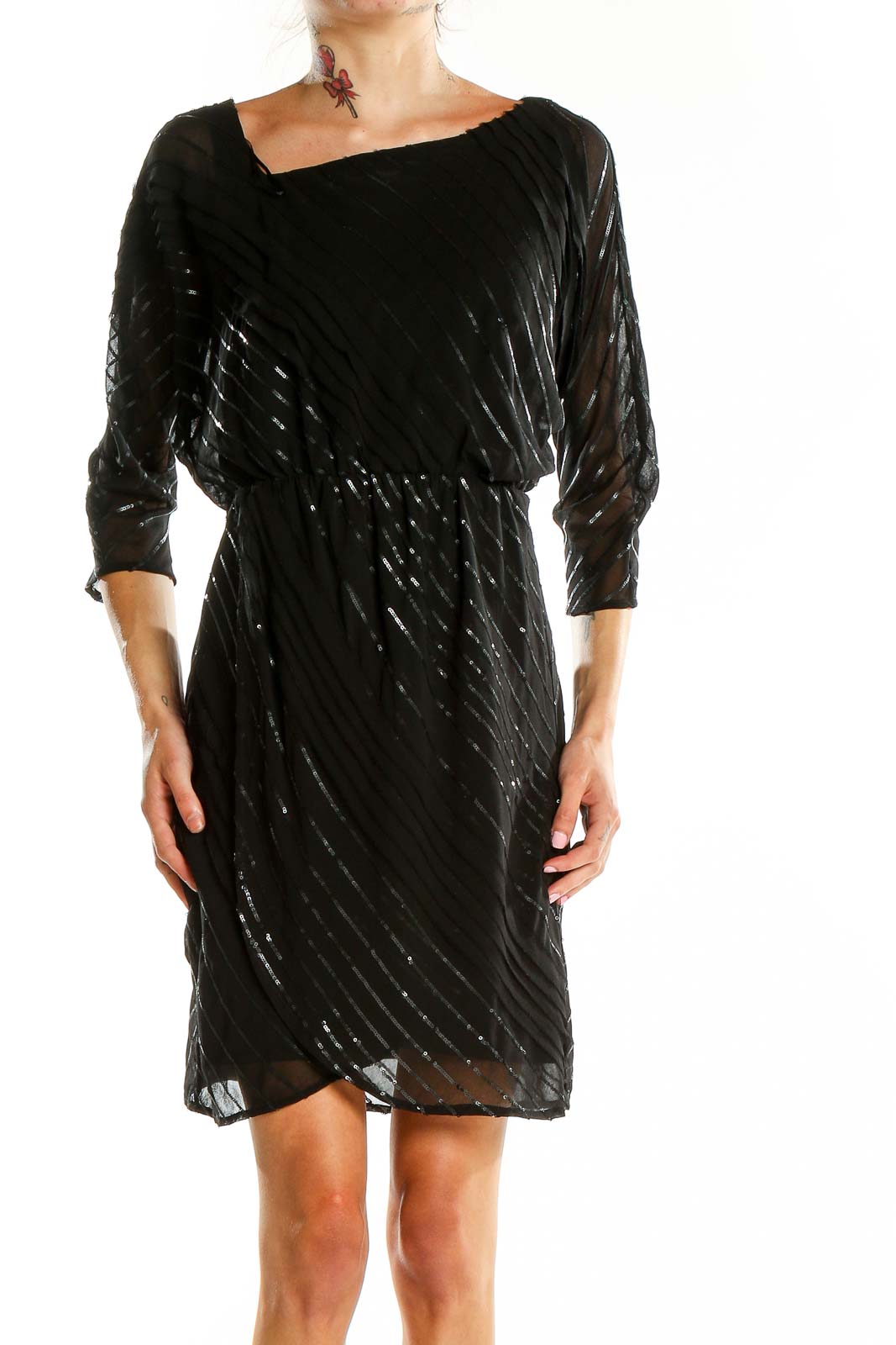 Front view of Vince Camuto black shimmering cocktail dress with asymmetrical neckline