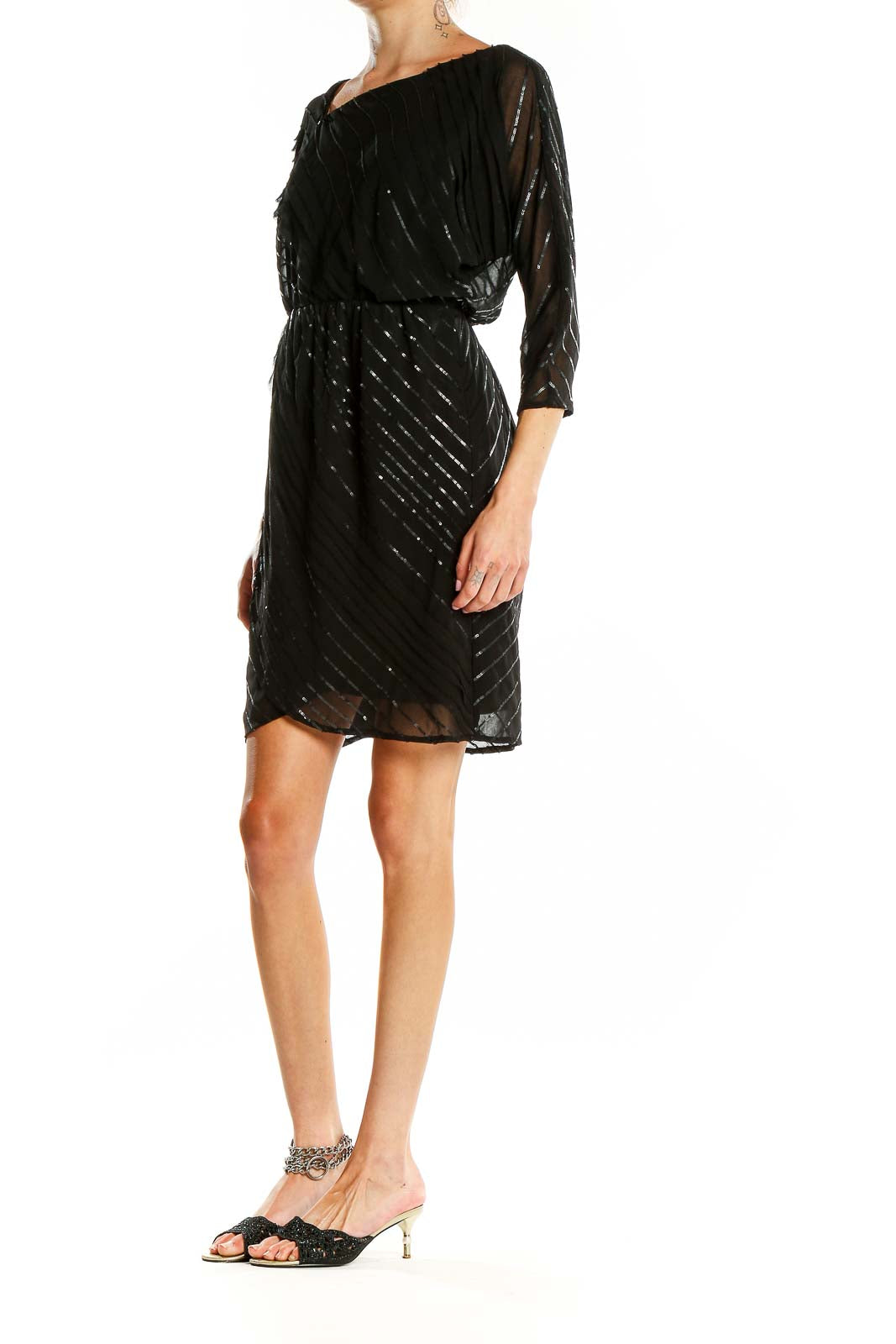 Front view of Vince Camuto black shimmering cocktail dress with asymmetrical neckline