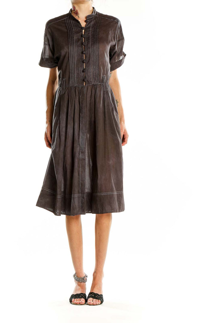 Front view of brown cotton pleated shirt dress from Banana Republic