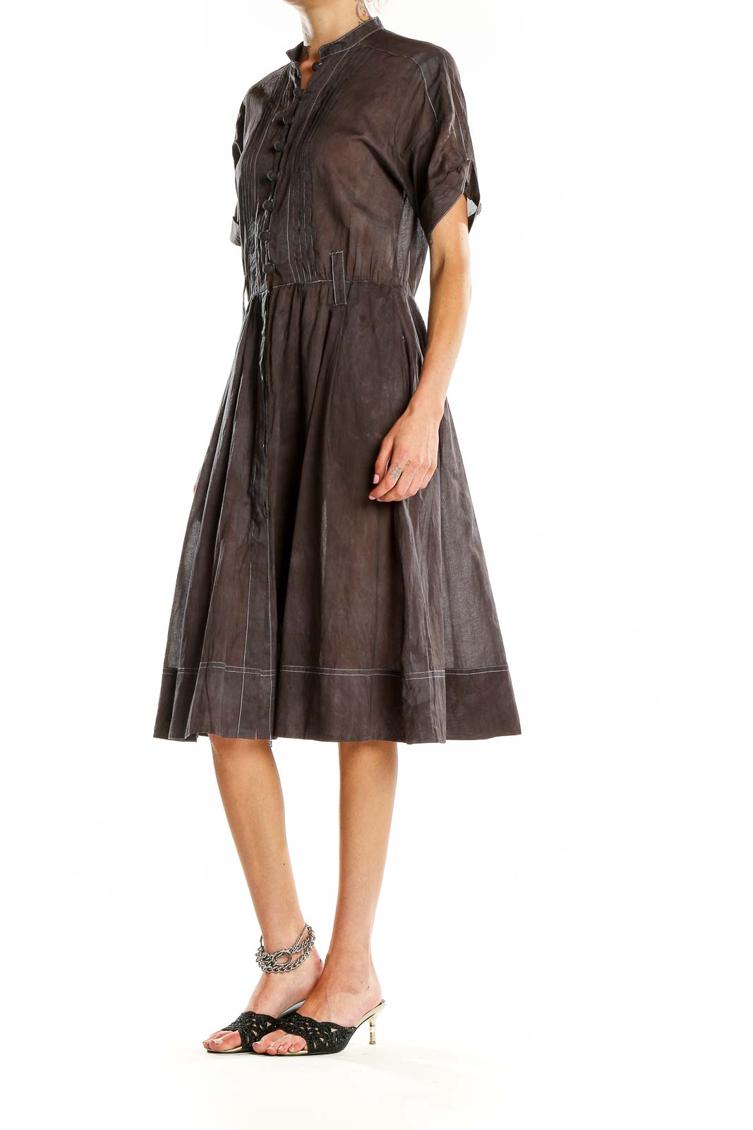 Front view of brown cotton pleated shirt dress from Banana Republic