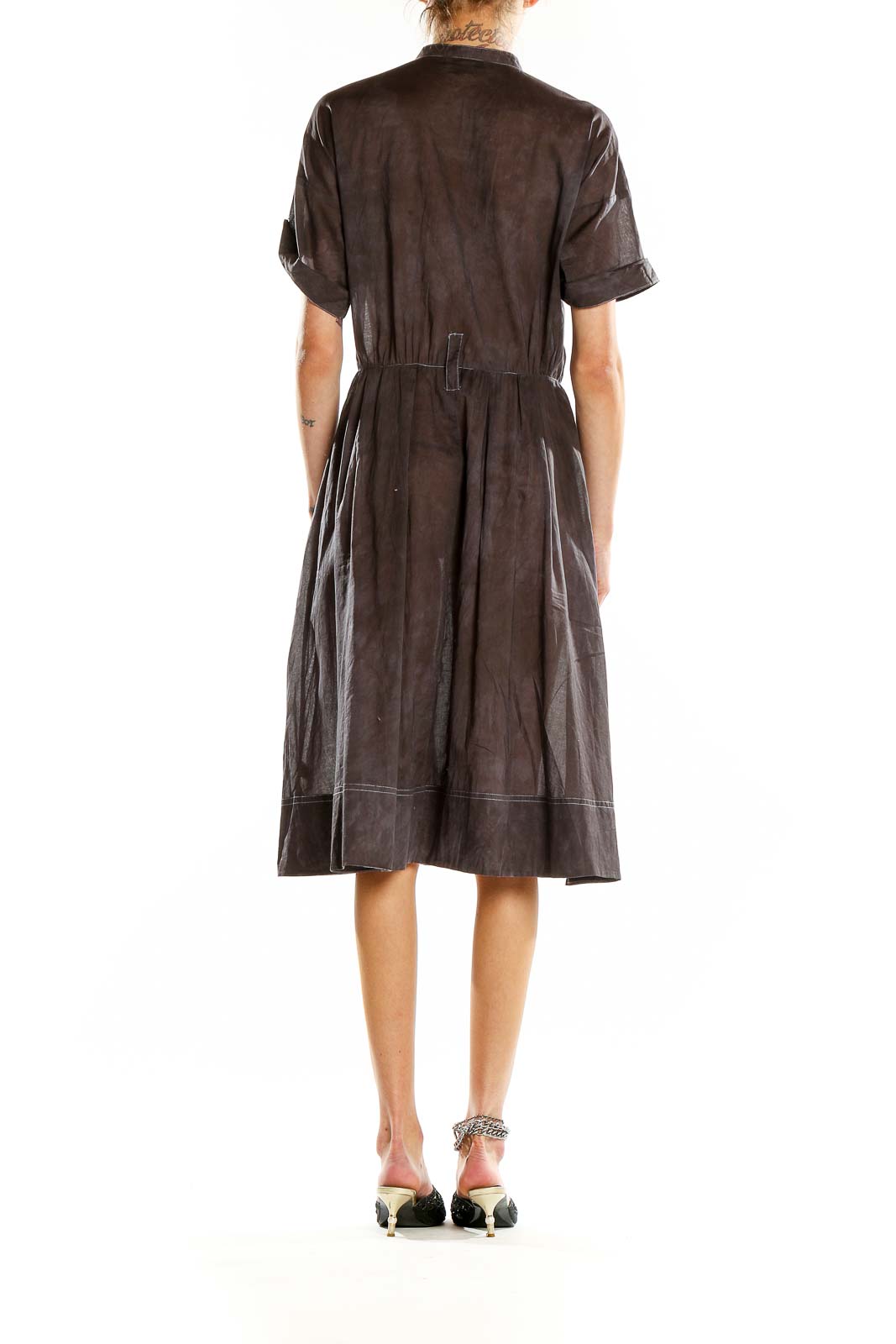 Back view of brown cotton pleated shirt dress from Banana Republic